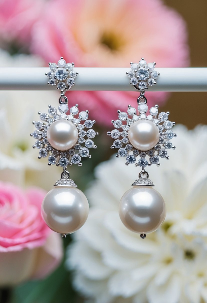 A pair of chandelier earrings featuring lustrous pearls and sparkling diamonds, perfect for a wedding ensemble