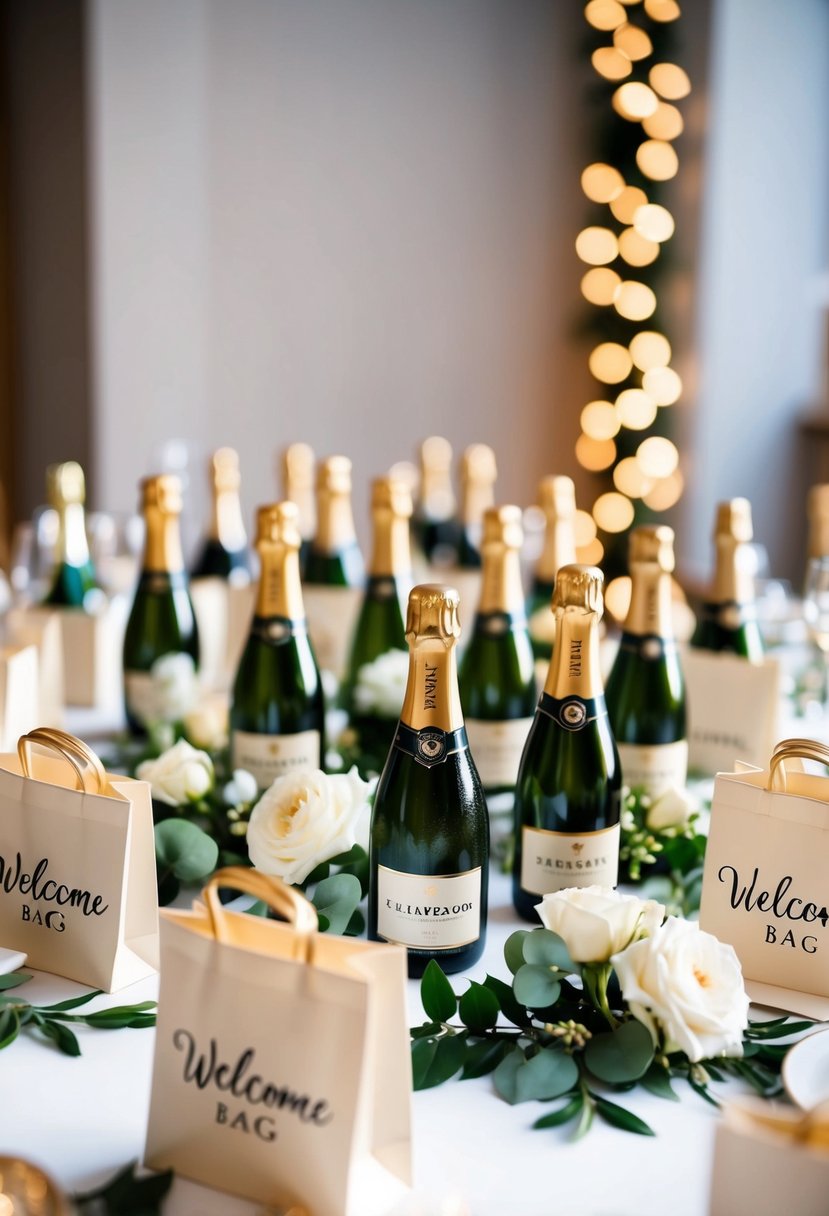 A table adorned with mini champagne bottles, surrounded by elegant wedding welcome bags