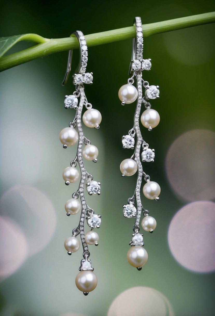 A delicate vine of pearls and diamonds cascading from a pair of elegant earrings