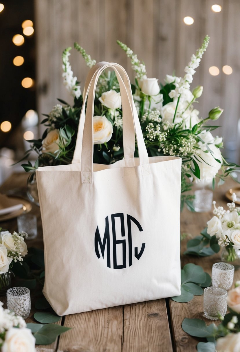 A white canvas tote bag with a custom monogram sits on a rustic wooden table, surrounded by delicate floral arrangements and elegant wedding favors