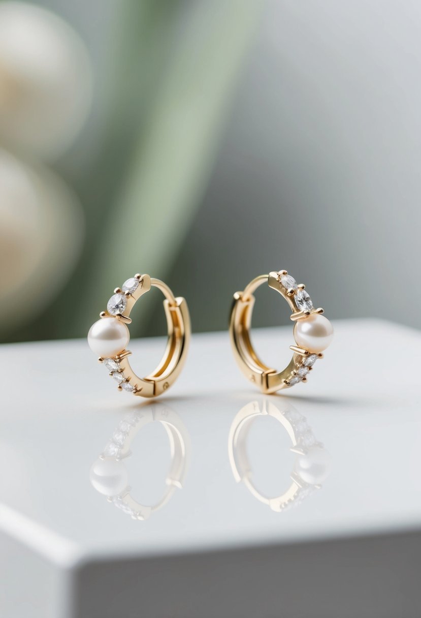 A pair of minimalist diamond and pearl ear climbers displayed on a sleek, white surface with soft, natural lighting