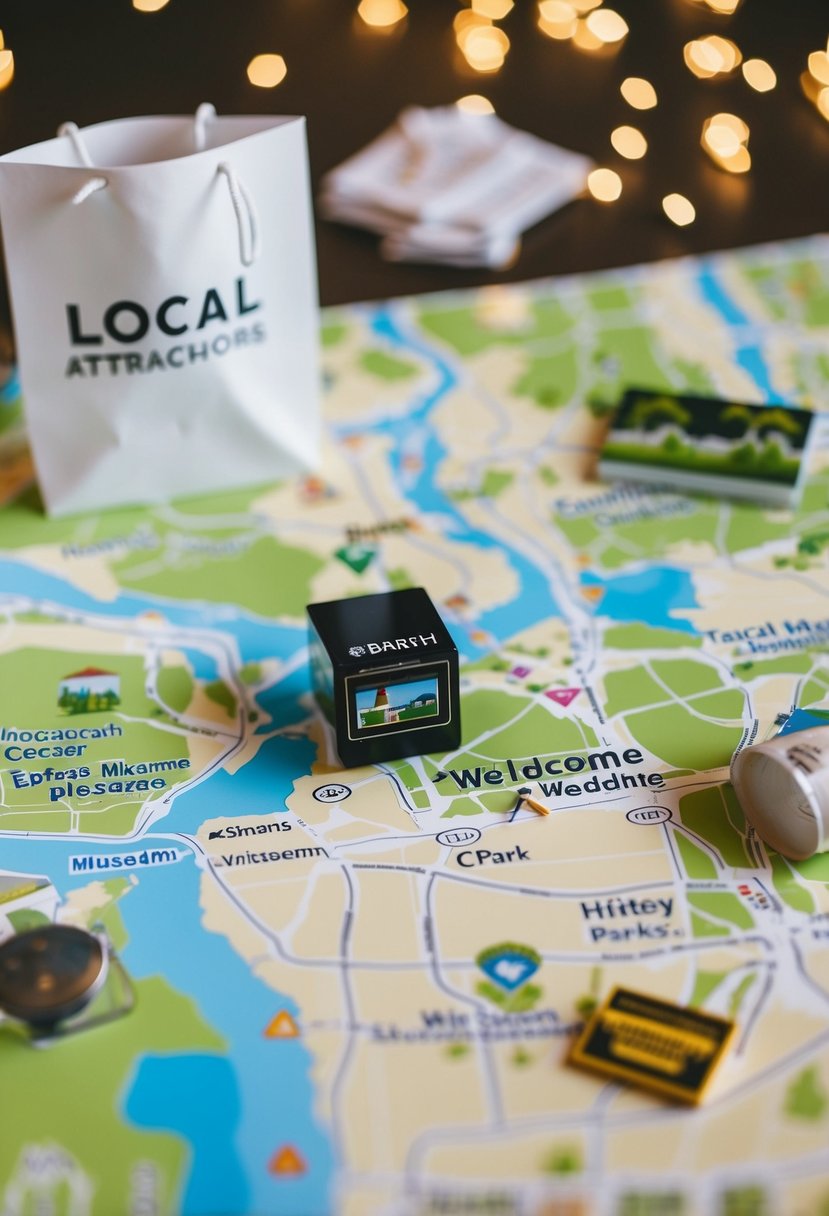 A map surrounded by local attractions like landmarks, parks, and museums, with wedding welcome bag items scattered around it