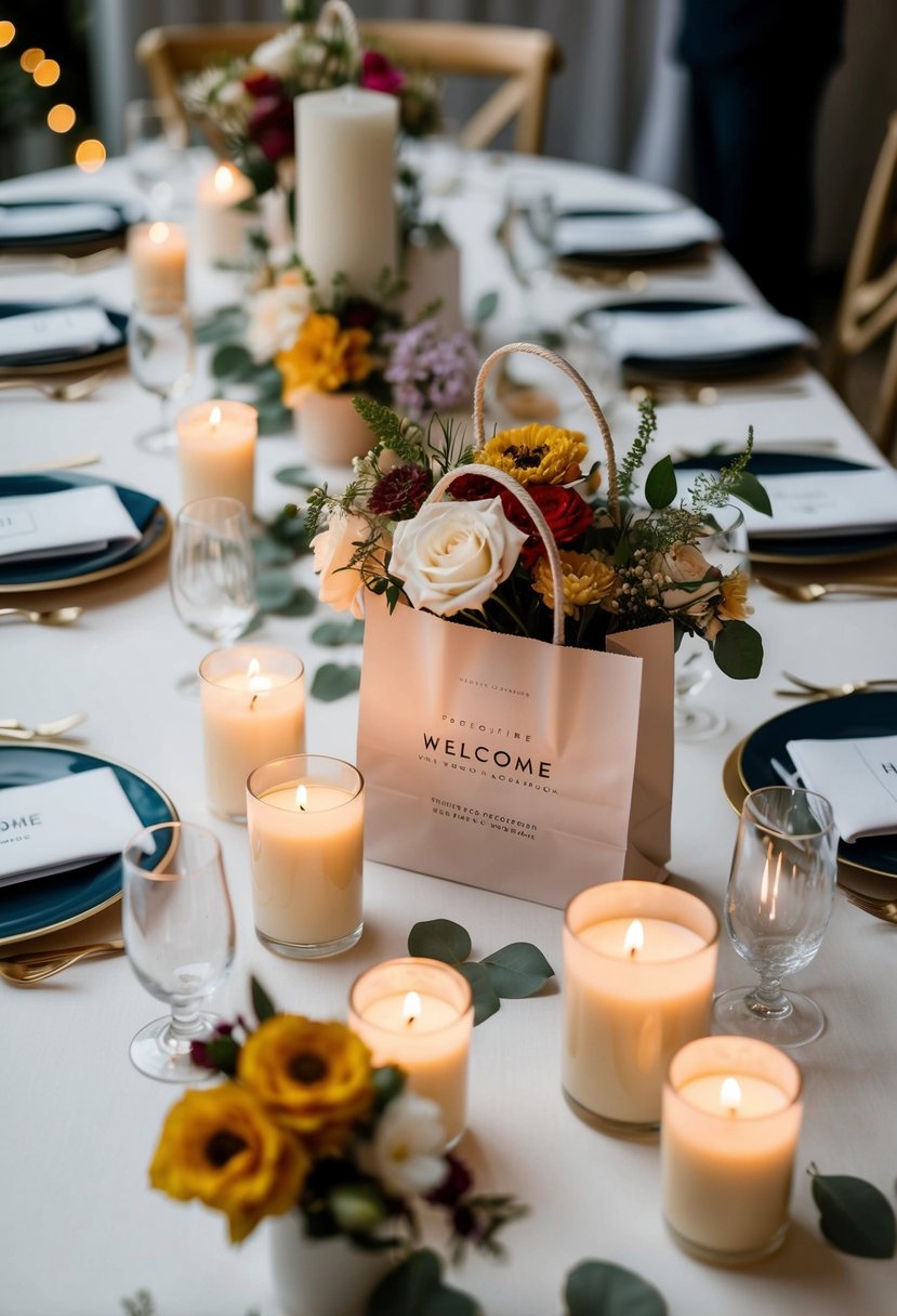 A table with scented candles, wedding welcome bags, and floral decorations