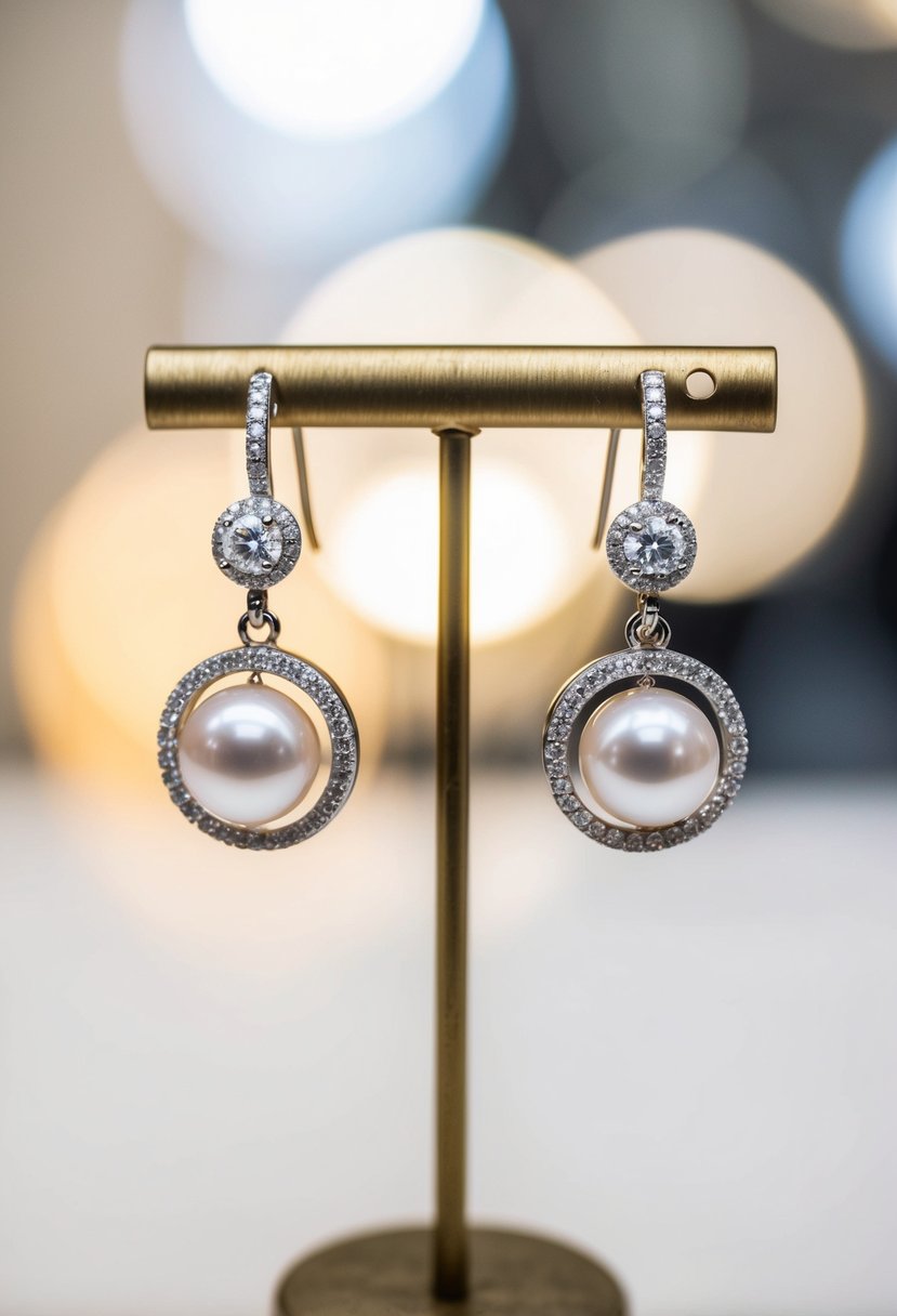 A pair of freshwater pearl and diamond halo earrings, delicately hanging from a display stand, catching the light and shimmering with elegance