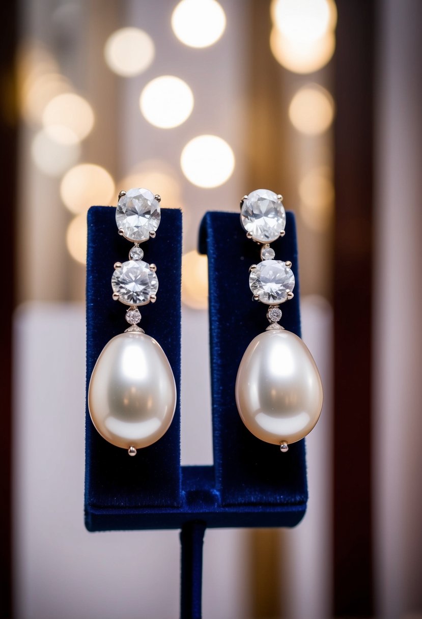 Two elegant oval pearl and diamond dangle earrings on a velvet display