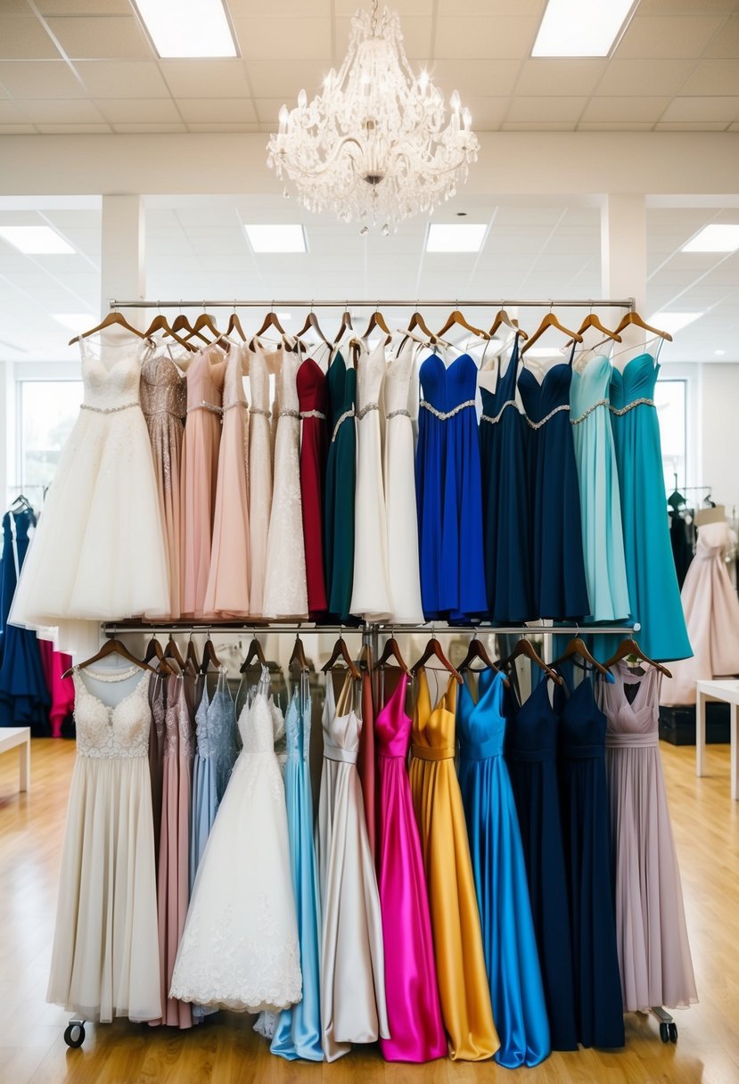 A rack of wedding dresses in various styles and colors, displayed in a bright and spacious boutique