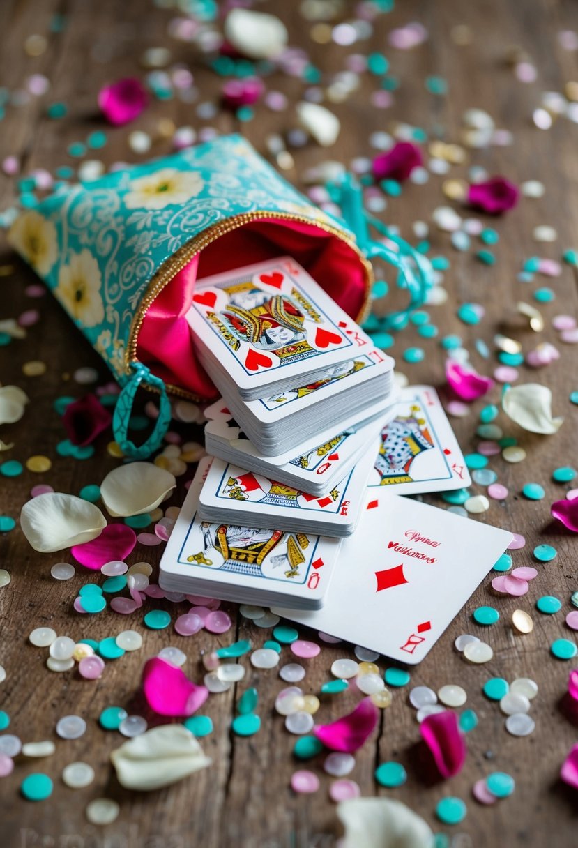 A pile of customized playing cards spilling out of a decorative wedding welcome bag, surrounded by confetti and floral petals