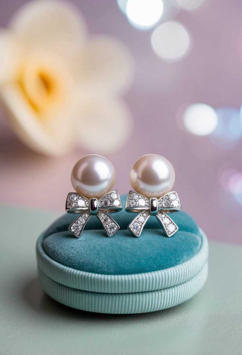 A pair of elegant pearl and diamond bow stud earrings displayed on a velvet cushion against a soft, pastel background