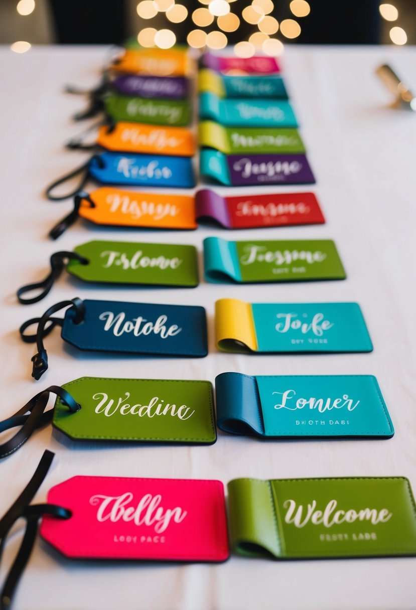 Colorful luggage tags arranged in a row, each personalized with unique designs and names, ready to be attached to wedding welcome bags