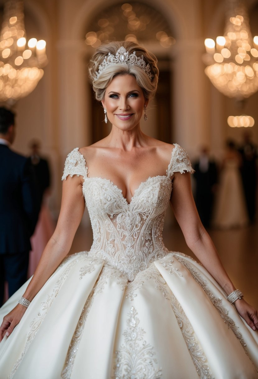 A regal ballgown with a sweetheart neckline, adorned with intricate lace and shimmering details, fit for a mature bride's elegant wedding