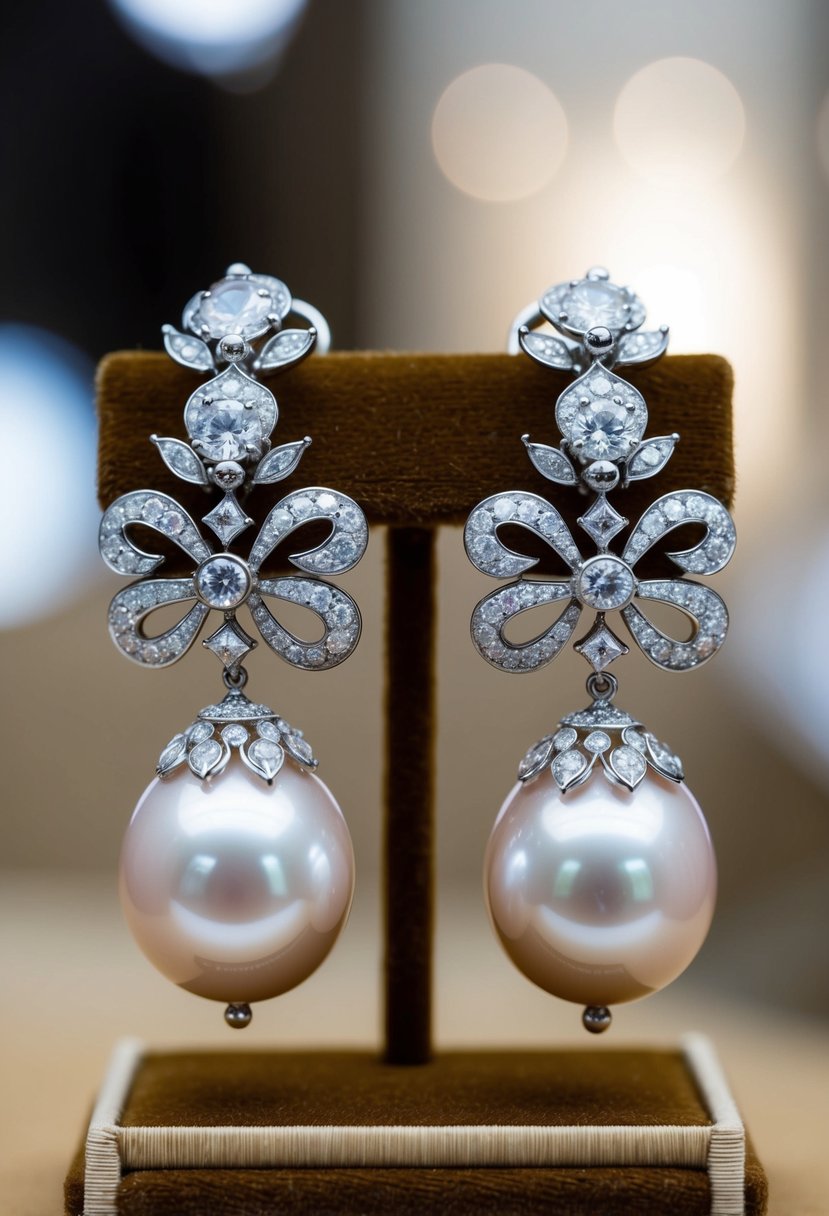 A pair of baroque pearl earrings with intricate diamond embellishments, showcased on a velvet jewelry display