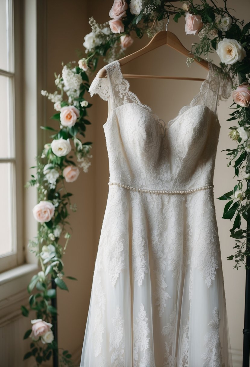 A vintage lace wedding dress hangs on a mannequin, surrounded by delicate floral accents and soft lighting