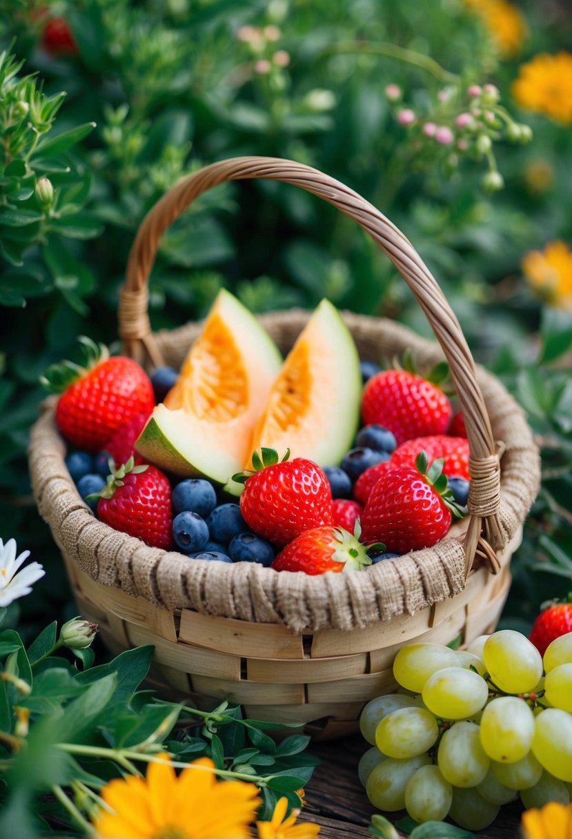 A rustic basket filled with fresh berries, sliced melon, and grapes, nestled among greenery and flowers