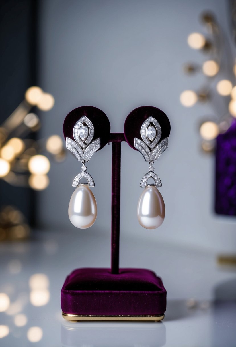 A pair of elegant Art Deco pearl and diamond earrings displayed on a velvet cushion, with soft lighting to highlight their intricate design