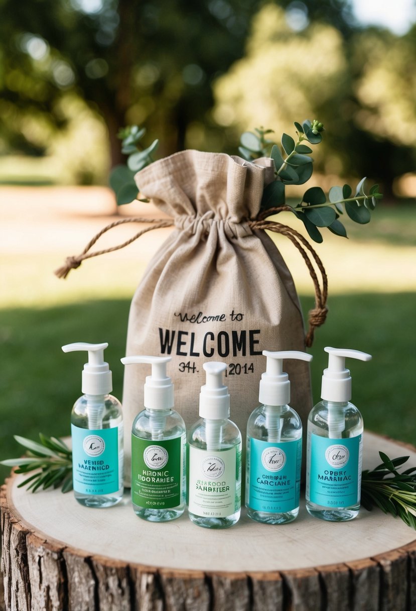 A rustic wedding welcome bag with organic hand sanitizers and greenery accents