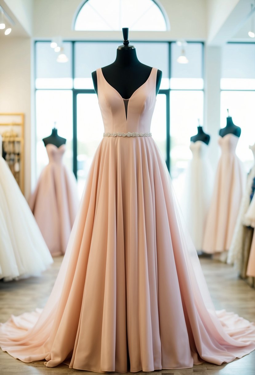 A blush pink bridal dress displayed on a mannequin in a bright, airy bridal boutique