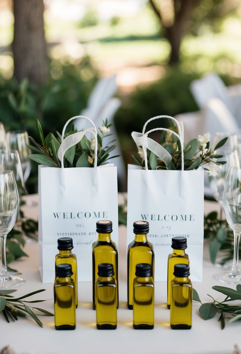 A table with miniature bottles of olive oil arranged in a wedding welcome bag, surrounded by greenery and delicate ribbon accents