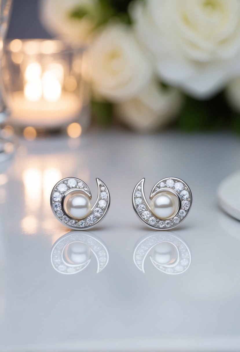 A pair of elegant pearl and diamond earrings, featuring a graceful wave pattern, shimmering in the soft light of a wedding reception