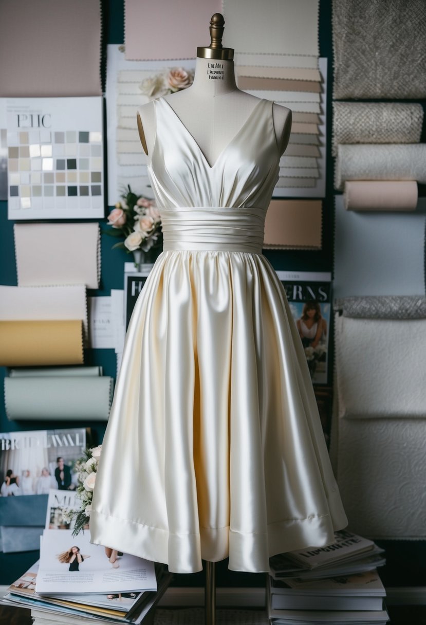 A mannequin wearing a drop-waist satin dress surrounded by bridal magazines and fabric swatches