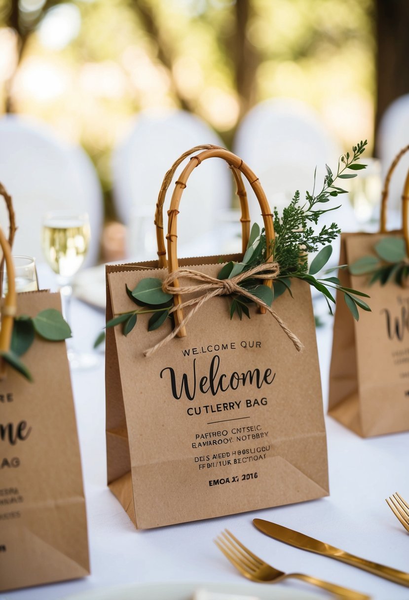 A rustic wedding welcome bag with bamboo cutlery, tied with twine and adorned with a sprig of greenery