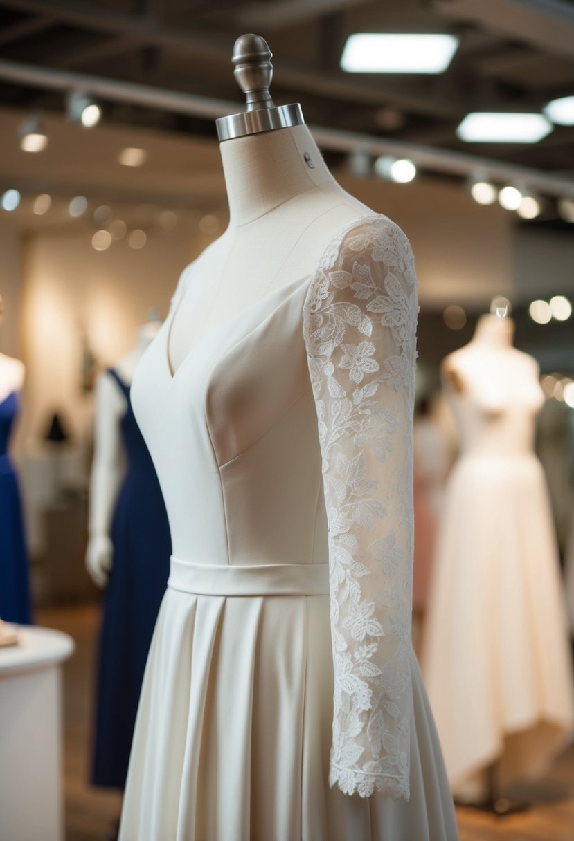 An elegant A-line dress with delicate lace sleeves displayed on a mannequin