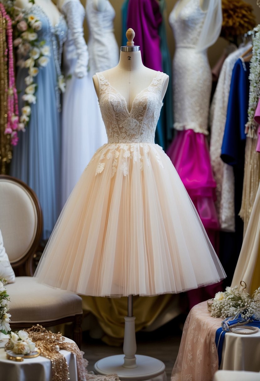 A tea-length tulle dress displayed on a mannequin, surrounded by various bridal accessories and fabrics