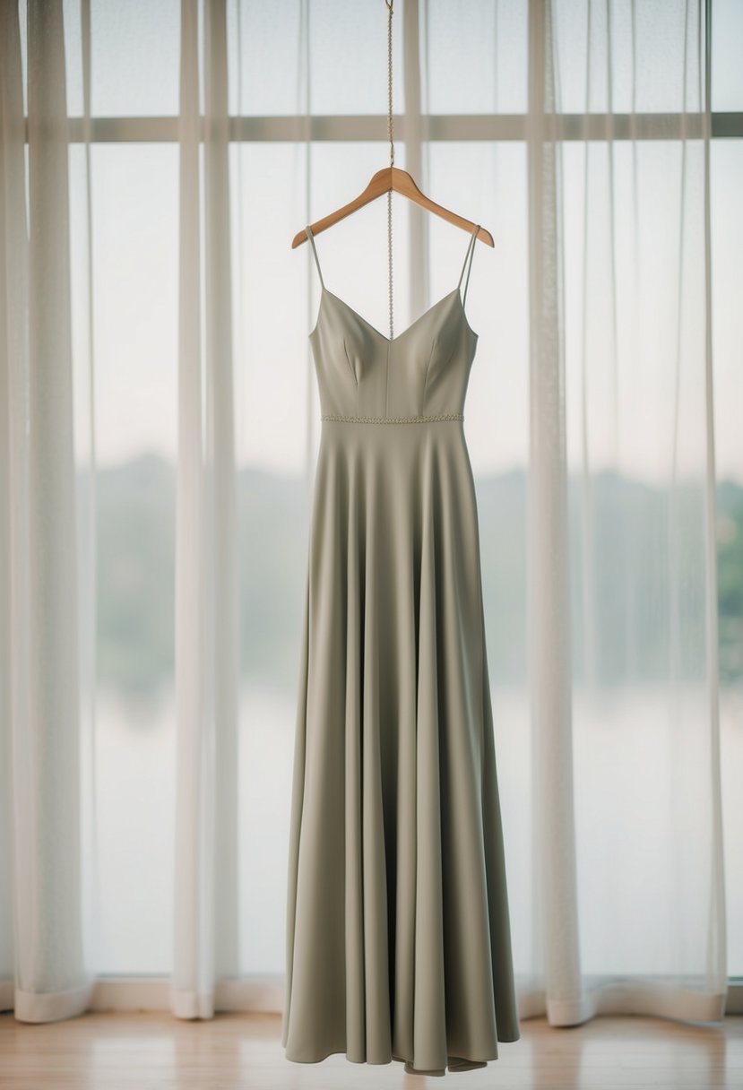 A simple, flowing crepe gown with clean lines and delicate details, set against a serene backdrop of soft, natural light