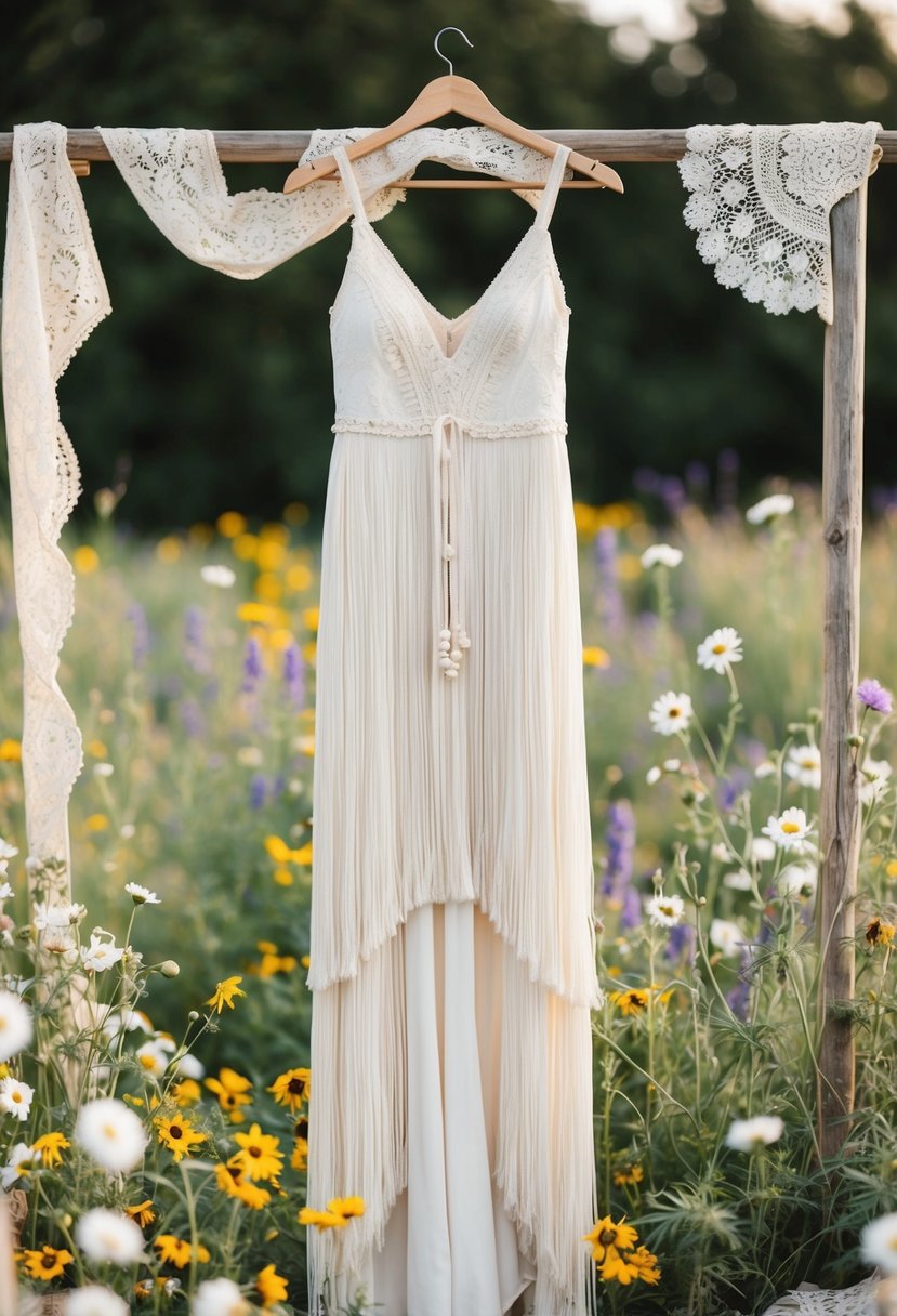 A bohemian style wedding dress with fringe hangs on a rustic wooden hanger, surrounded by wildflowers and vintage lace