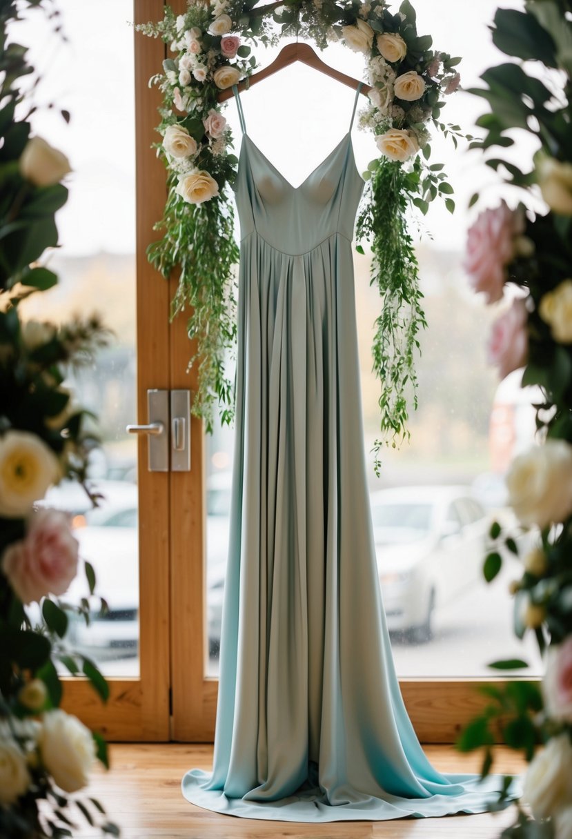 A flowing silk slip dress hangs on a mannequin, surrounded by bridal accessories and flowers