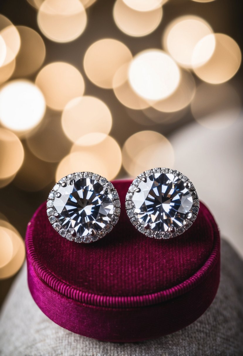 A pair of elegant, sparkling diamond earrings displayed on a velvet cushion