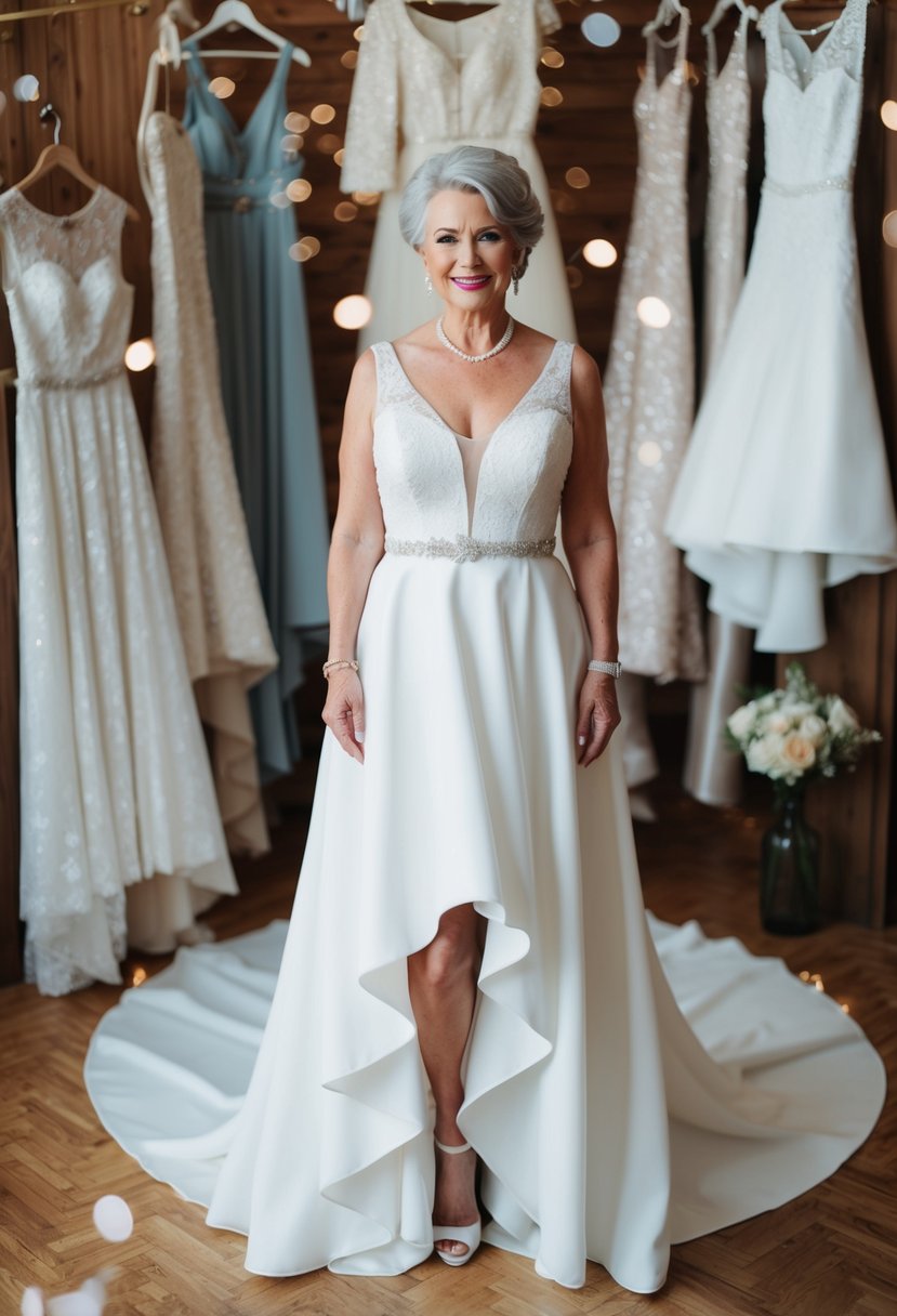 A mature bride in a high-low hem gown, surrounded by various wedding dress ideas for women over 50