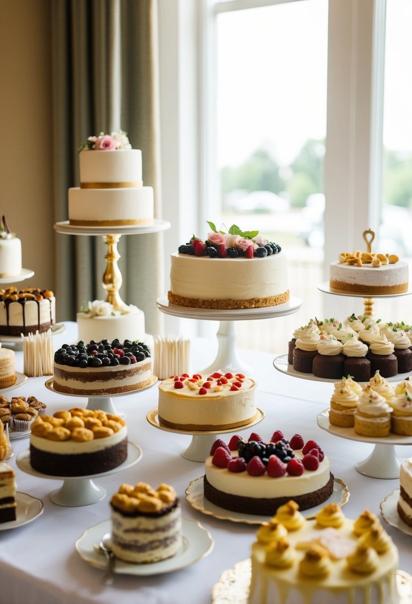 A beautifully decorated table with an assortment of elegant desserts, cakes, and pastries arranged in a visually appealing display for a wedding sweet table