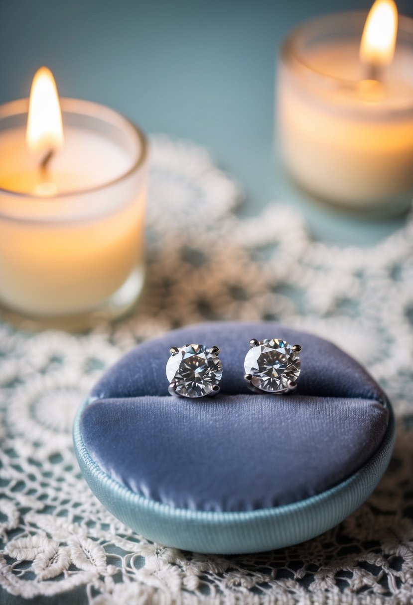 Two diamond studs on a velvet cushion, surrounded by soft candlelight and delicate lace