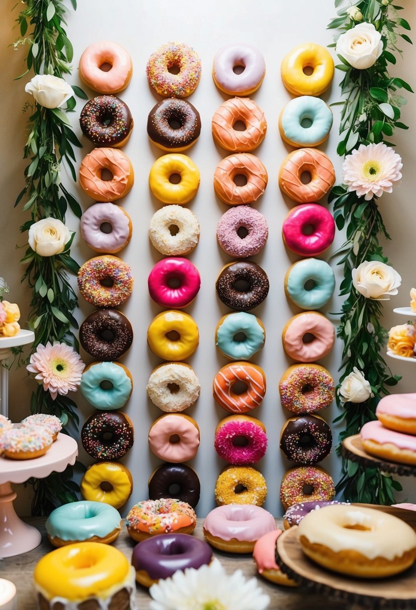 A colorful assortment of donuts arranged on a wall display, surrounded by decorative elements and flowers for a wedding sweet table