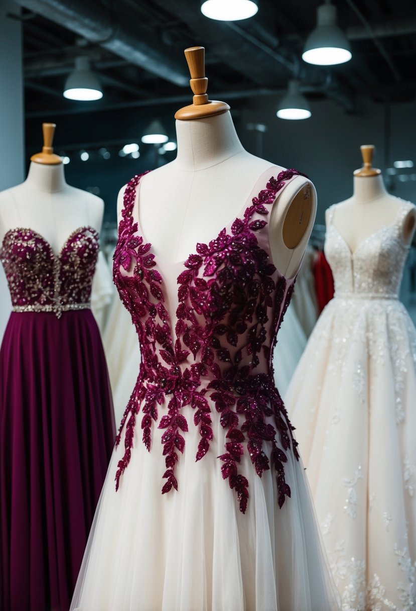 A mannequin wearing a magenta floral embellished wedding dress, surrounded by various other bridal gown options