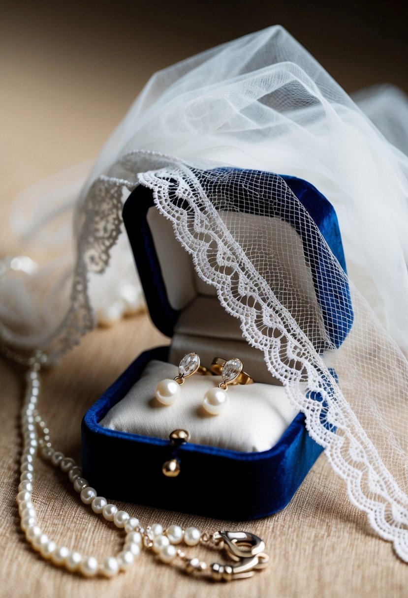 A white lace bridal veil drapes over a velvet jewelry box, revealing a pair of pearl drop earrings nestled on a satin cushion