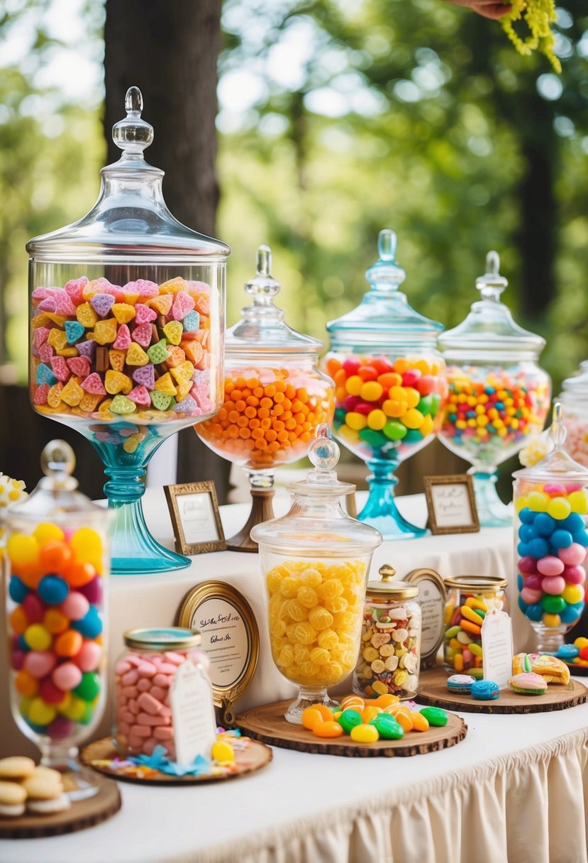 A vintage candy bar setup with an array of colorful sweets, jars, and decorative elements for a wedding sweet table