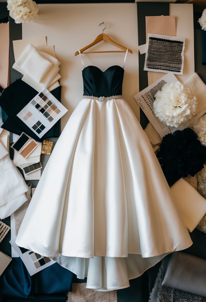 A black strapless wedding gown hanging on a mannequin, surrounded by various fabric swatches and design sketches