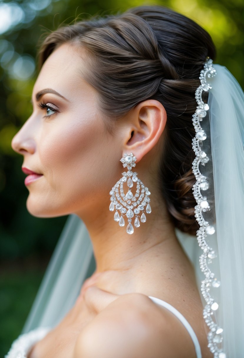 A bride's ear adorned with chandelier earrings, reflecting light in a classic wedding setting