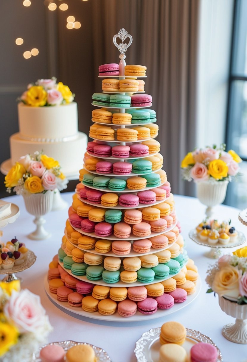 A tall tower of colorful macarons surrounded by elegant desserts and flowers on a wedding sweet table