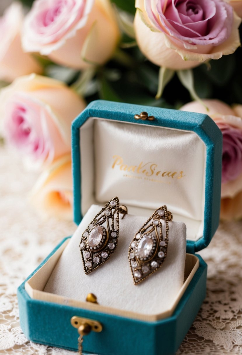 A pair of vintage clip-on earrings displayed on a lace-lined velvet jewelry box with soft lighting and a bouquet of roses in the background