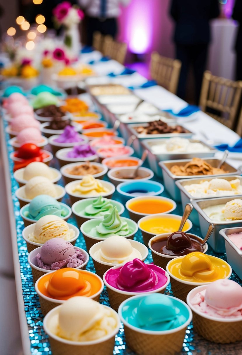 A colorful array of ice cream, toppings, and sauces arranged on a decorated table at a wedding reception