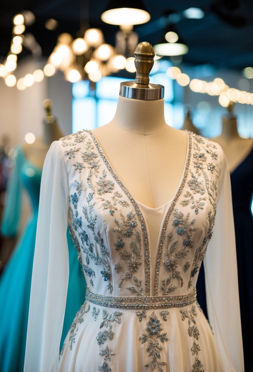 A mannequin wears a long-sleeve embroidered dress in a bridal shop display