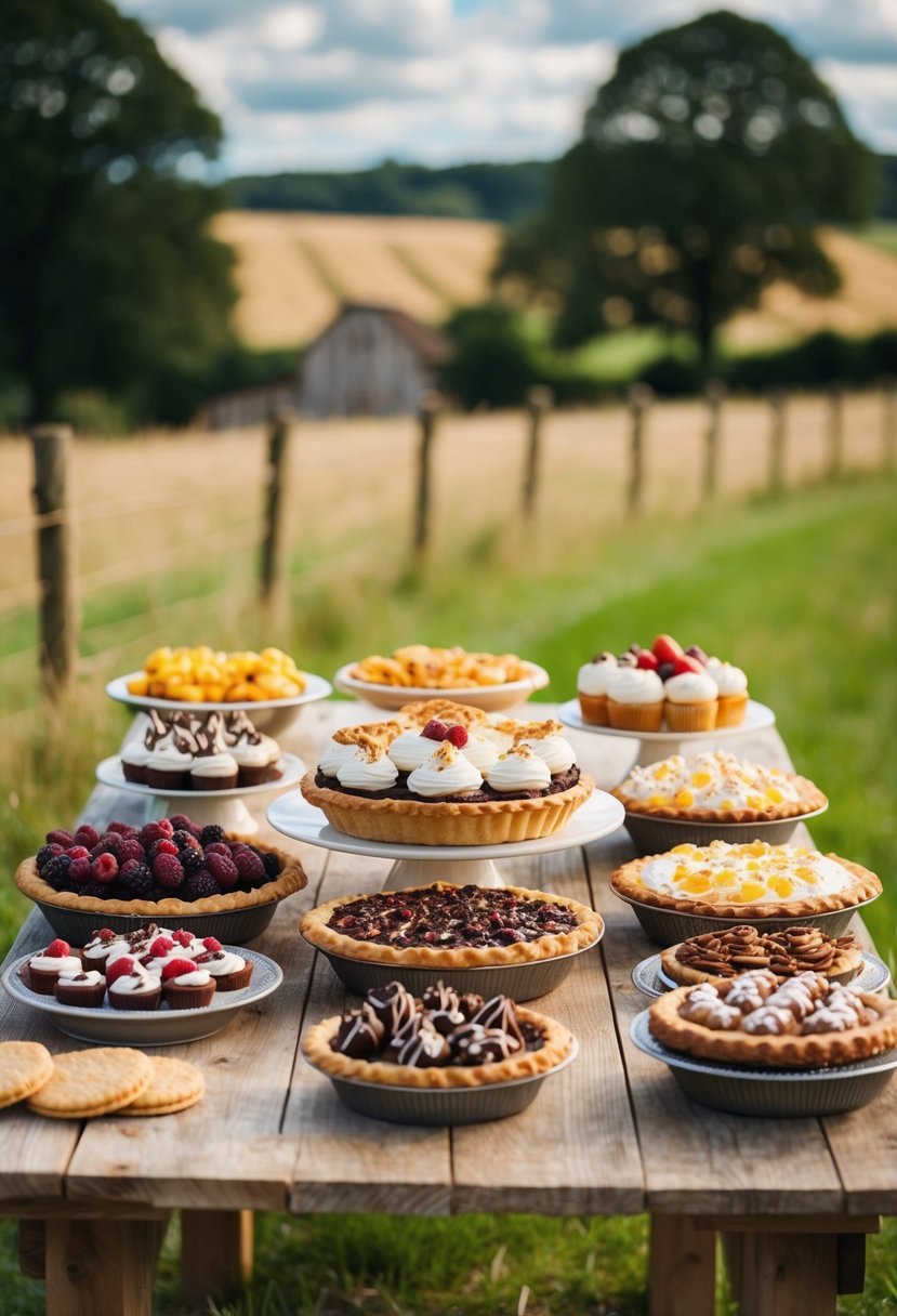 A rustic pie table adorned with an array of sweet treats and desserts, set against a charming countryside backdrop