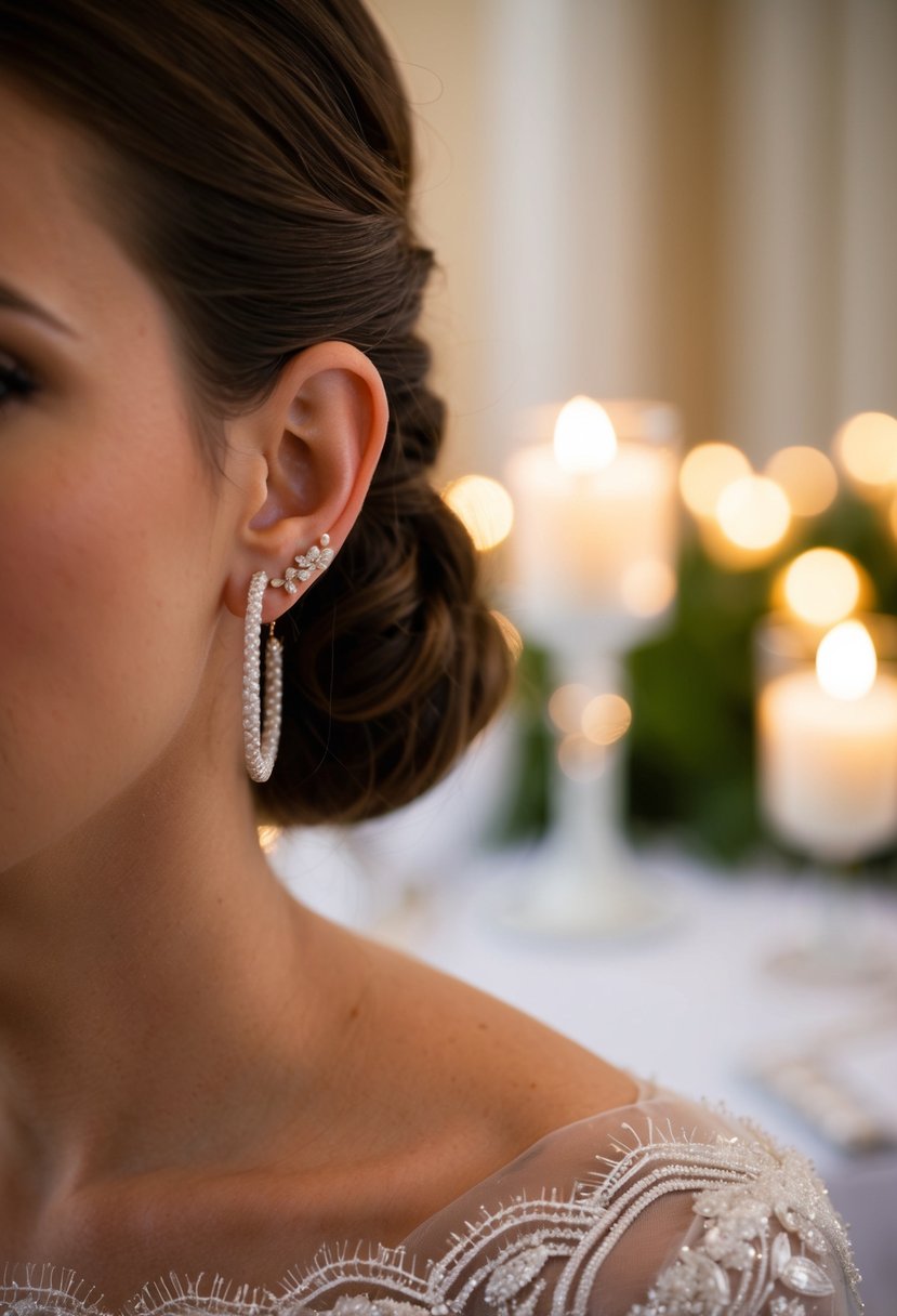 A bride's elegant earlobes adorned with timeless Huggie Hoops, reflecting the soft glow of candlelight at a classic wedding reception