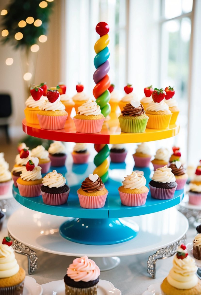 A colorful carousel of cupcakes and sweet treats arranged on a table for a wedding celebration