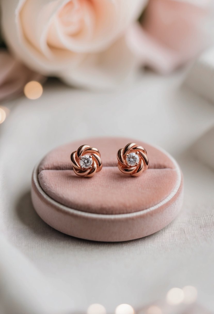 A pair of rose gold stud earrings displayed on a velvet cushion against a soft, romantic background