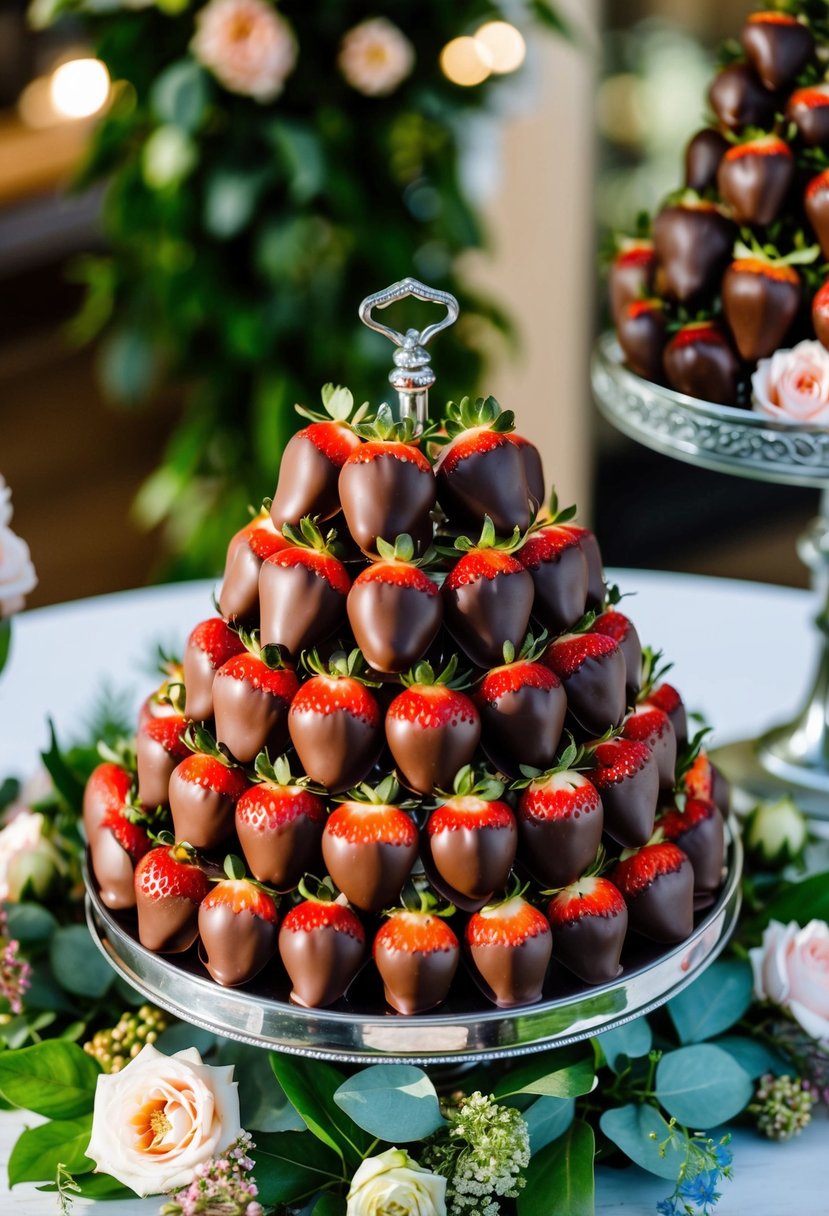 A display of chocolate-dipped strawberries arranged on a tiered stand, surrounded by decorative flowers and greenery