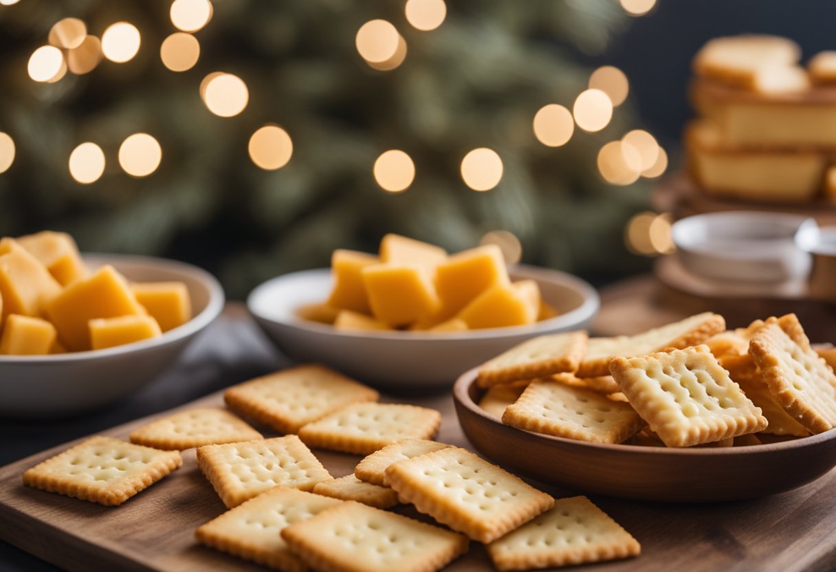 A festive holiday market display of keto cheddar crackers surrounded by other keto-friendly foods