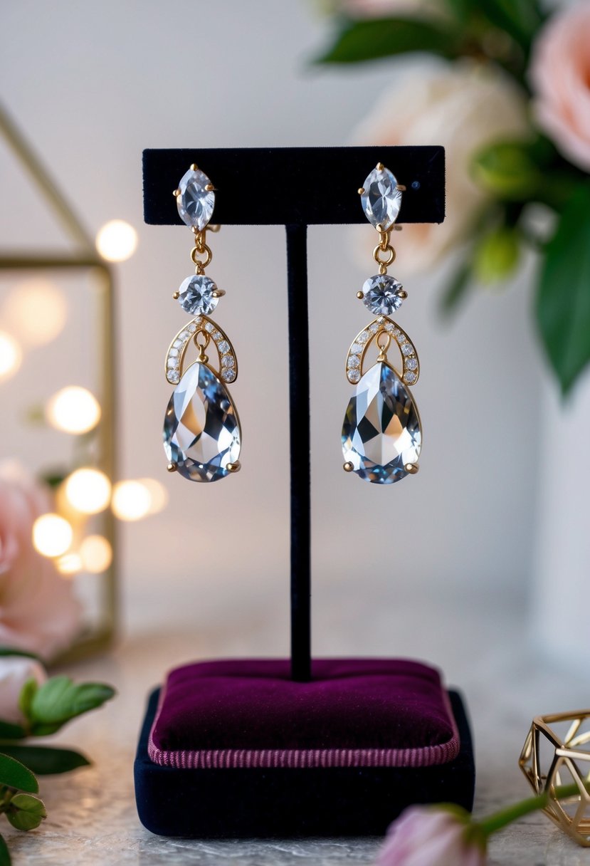 A pair of elegant crystal dangle earrings displayed on a velvet cushion with soft lighting and floral accents